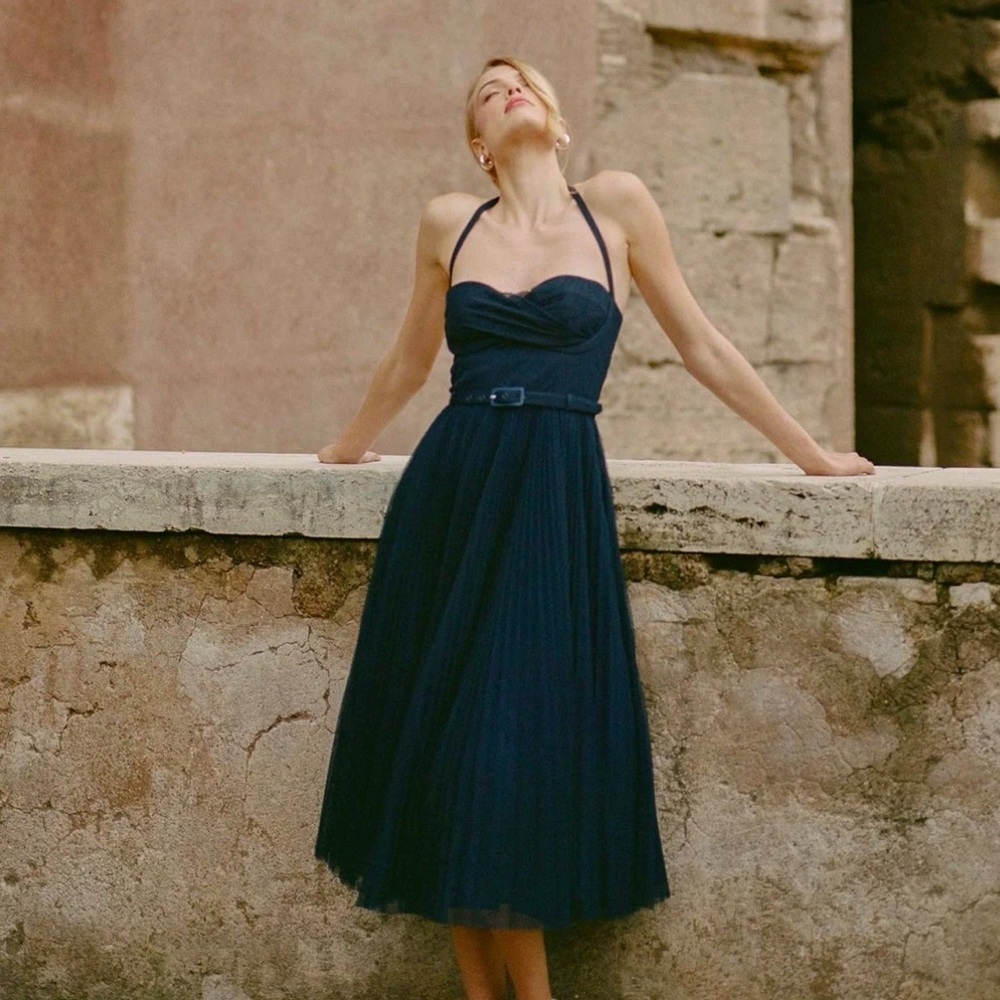 Hutch Anthropologie Rumor Sweetheart Pleated Tulle Midi Dress Navy Blue Womens 2